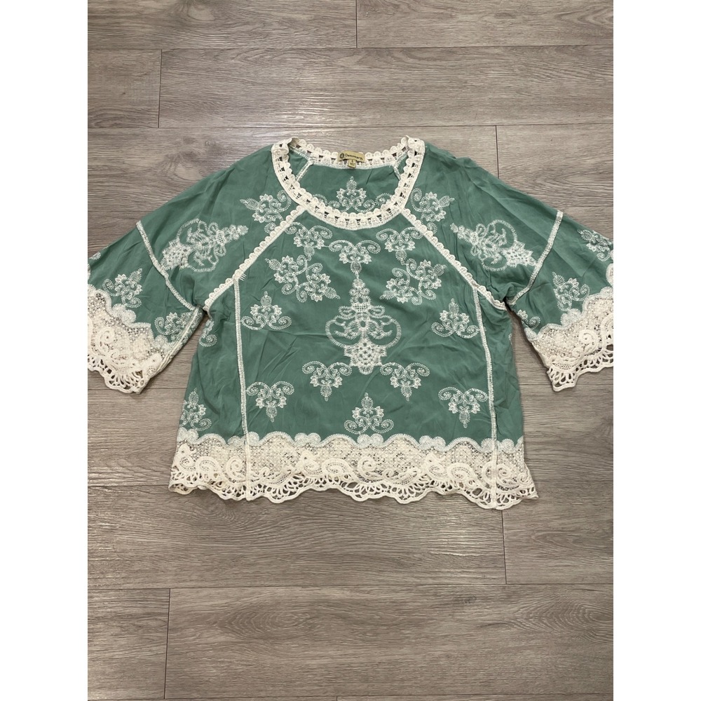 Boho Cottagecore Romantic Embroidery Top Oversized Green Hippie Feminine Large